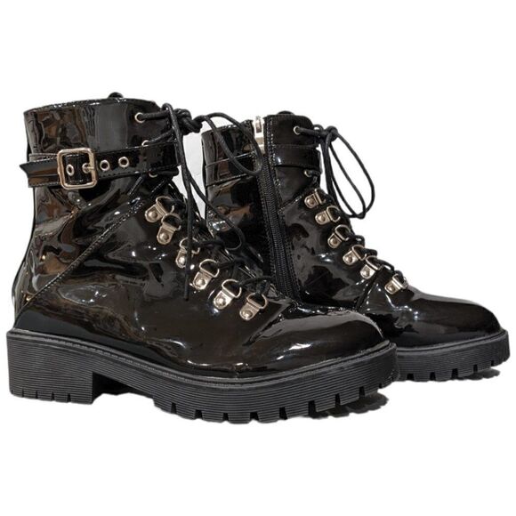 Adika Women's Black Patent Lace up Ankle Boots Side Zip & Ankle Strap Size 8 - Picture 2 of 8